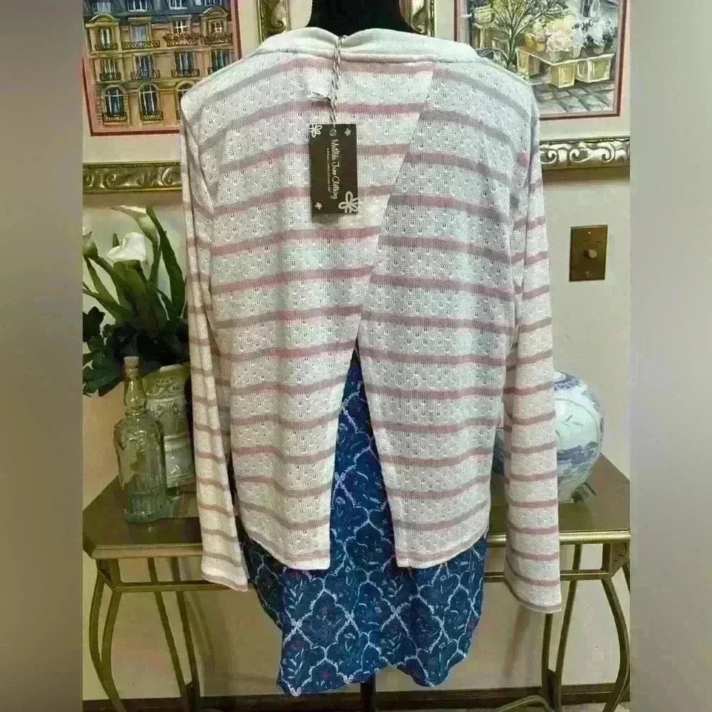 MATILDA JANE PINK & WHITE STRIPED PETAL BACK CASUAL OVERLAY KNIT TOP SIZE LG NEW